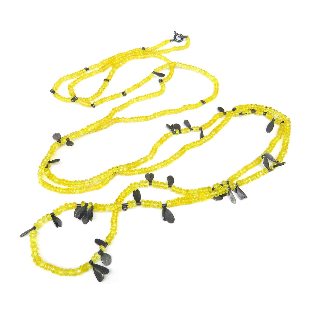 Yellow long bead necklace with black shapes - Tinsel Gallery