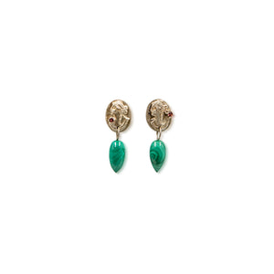Cameo studs with green drops by Geraldine Fenn